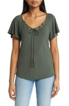 Loveappella Tie Neck Flutter Sleeve Top In Olive