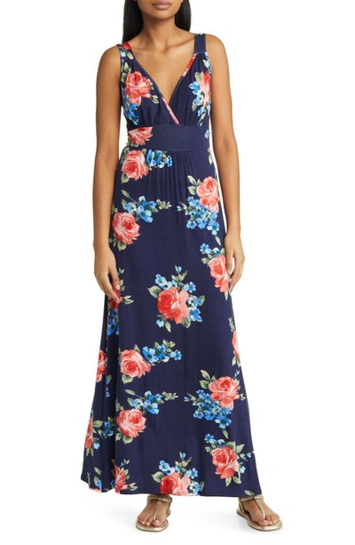 Loveappella Floral Surplice V-neck Knit Maxi Dress In Navy/ Red