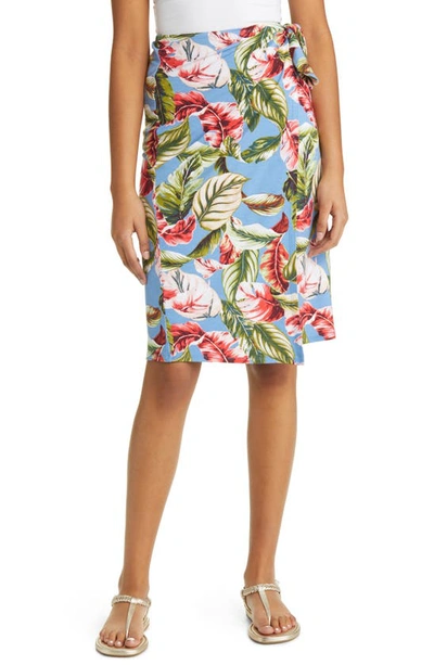 Loveappella Palm Print Faux Wrap Knit Midi Skirt In Denim