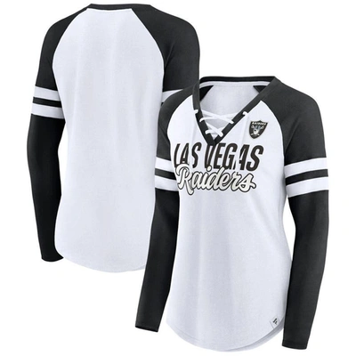 Fanatics Branded White/black Las Vegas Raiders True To Form Raglan Lace-up V-neck Long Sleeve T-shir