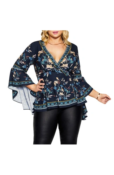 City Chic Nova Scarf Faux Wrap Top In Navy Delicate Border