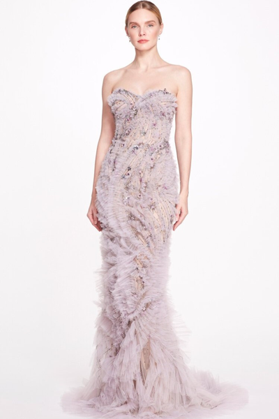 Marchesa Strapless Crystal-embellished Tulle Gown In Purple