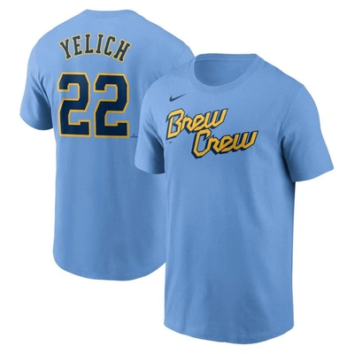 Nike Men's Christian Yelich Powder Blue Milwaukee Brewers City Connect Fuse Name Number T-shirt