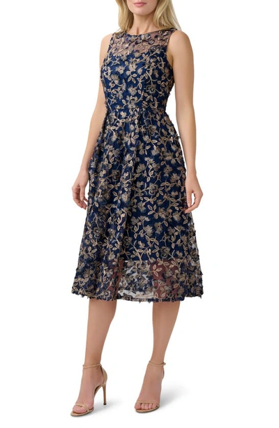 Adrianna Papell Midi Dress In Navy/ Rose Gold
