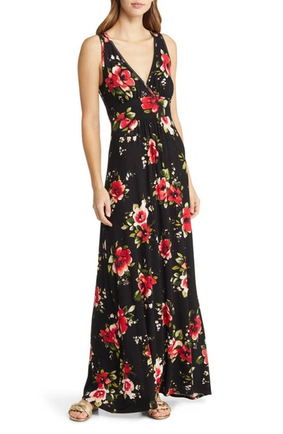 Loveappella Floral Print Sleeveless Jersey Maxi Dress In Black/ Red