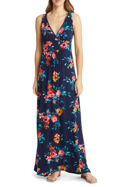 Loveappella Floral Print Sleeveless Jersey Maxi Dress In Navy/ Coral