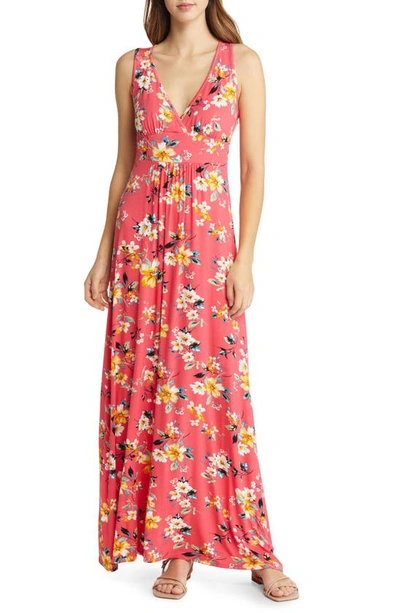 Loveappella Floral Print Sleeveless Jersey Maxi Dress In Coral