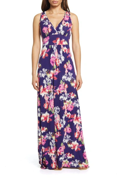 Loveappella Abstract Floral Print Sleeveless Jersey Maxi Dress In Eggplant