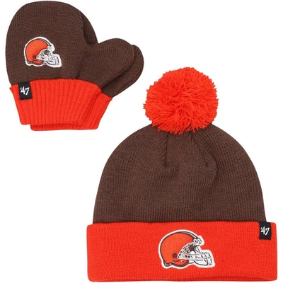47 Brand Babies' Infant '47 Brown/orange Cleveland Browns Bam Bam Cuffed Knit Hat With Pom & Mittens Set