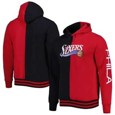 Mitchell & Ness Men's  Black And Red Philadelphia 76ers Hardwood Classics Split Pullover Hoodie In Black,red