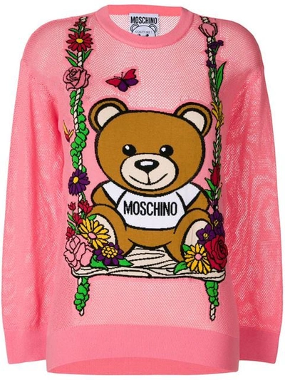Moschino Teddy Flowers Hoodie In Dark Pink