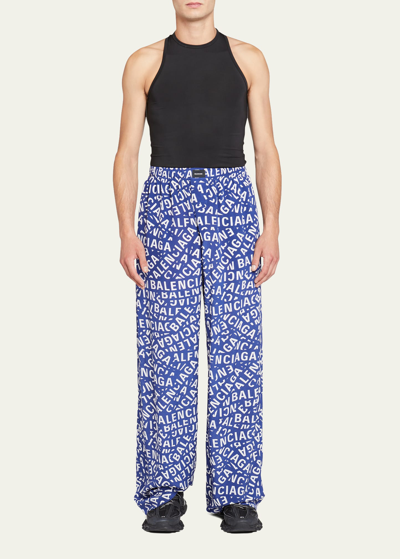 Balenciaga Allover Logo Printed Pajama Pants In Navy Blue And White