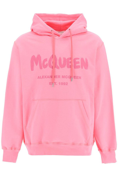 Alexander Mcqueen Logo Printed Drawstring Hoodie In Pink & Purple