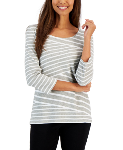 Karen Scott Women's Callie Asymmetrical-stripe 3/4-sleeve Top, Created For Macy's In Smoke Grey Heather