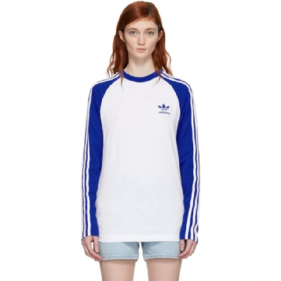 Adidas Originals White And Blue Long Sleeve 3-stripes T-shirt