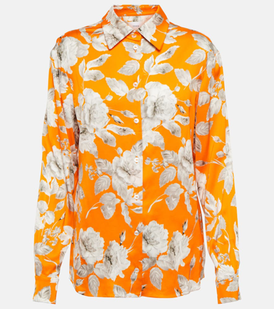 Erdem Lillia Floral-print Stretch-satin Shirt In Orange + White
