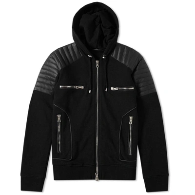 Balmain Hooded Leather Crest Jacket In Black