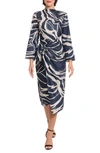 Donna Morgan For Maggy Tie Waist High Neck Long Sleeve Midi Dress In Navy/ Beige