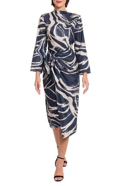 Donna Morgan For Maggy Tie Waist High Neck Long Sleeve Midi Dress In Navy/ Beige