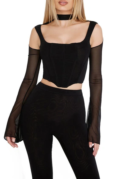 House Of Cb Paulina Halter Neck Cutout Bell Sleeve Crop Top In Black