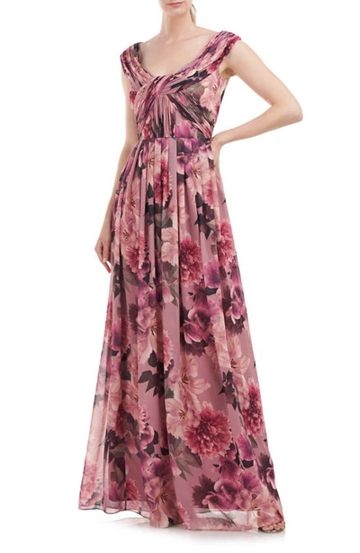 Kay Unger Dawson Floral Chiffon Gown In Pink