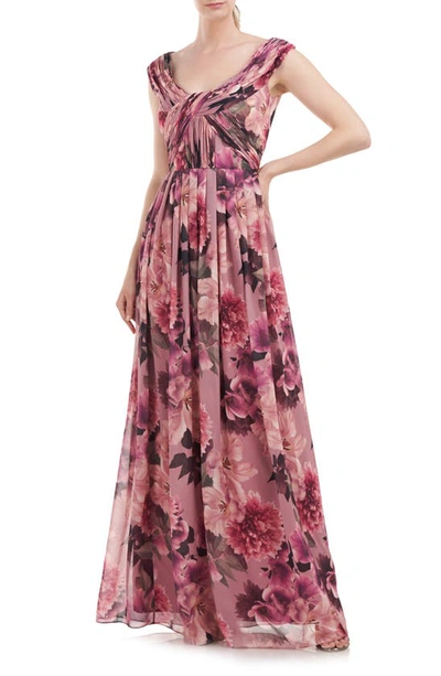 Kay Unger Dawson Floral Chiffon Gown In Wood Rose