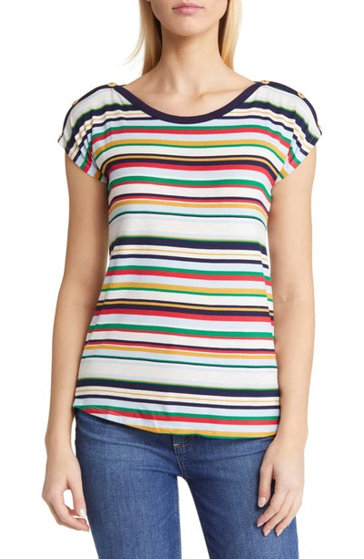 Loveappella Stripe Button Shoulder T-shirt In Multistripe