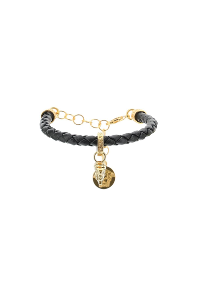 Versace Leather Bracelet With Medusa Charm In Black,gold
