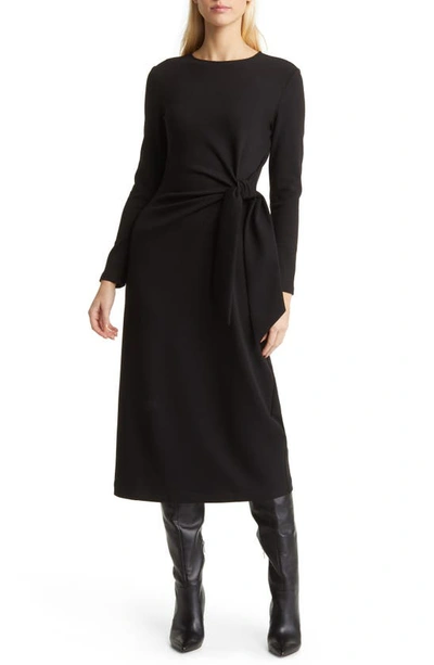 Nordstrom Tie Waist Long Sleeve Knit Midi Dress In Black