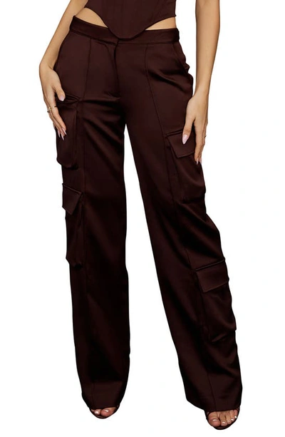 House Of Cb Daria Seamed Satin Cargo Trousers In Chocolate