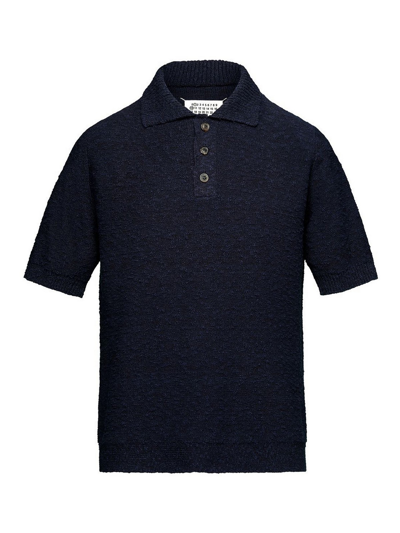 Maison Margiela Tonal Fine-knit Polo Shirt In Blue