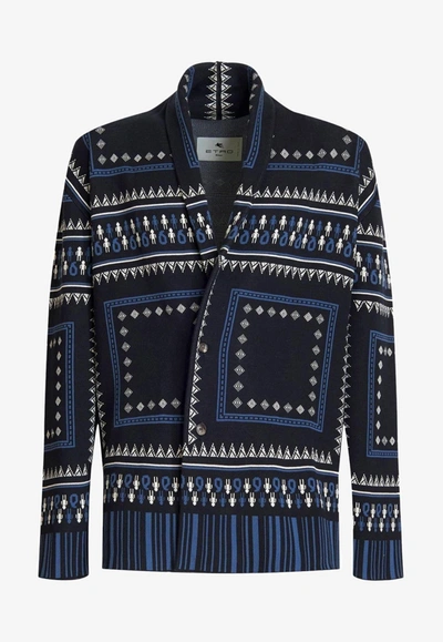 Etro All-over Graphic-print Cardigan In Navy Blue