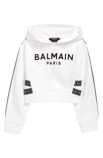 Balmain Kids' Logo条纹印花连帽衫 In White Black