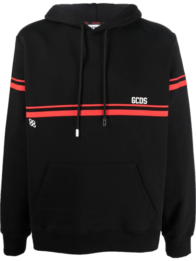 Gcds Stripe-detail Cotton Hoodie In Black