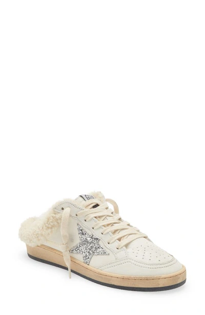 Golden Goose Ball Star Sabot Genuine Shearling Lined Mule Sneaker In White/ Silver/ Beige