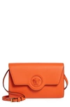 Versace La Medusa Leather Wallet On A Strap In Orange/  Gold