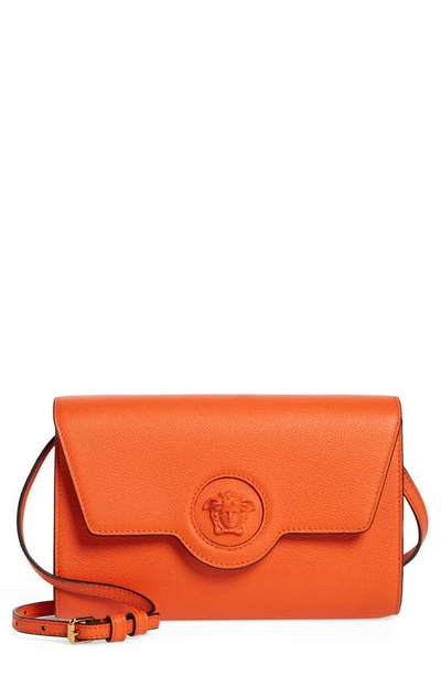Versace La Medusa Leather Wallet On A Strap In Orange/  Gold