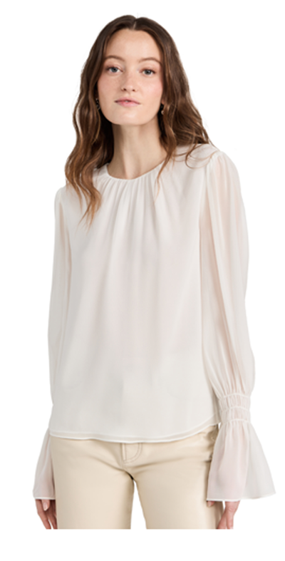 Frame Long Sleeve Shirred Cuff Blouse In Off White
