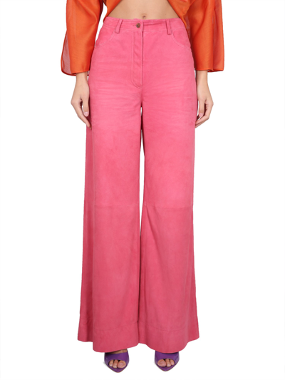 Alberta Ferretti Mid Waist Wide Suede Trousers In Fuchsia