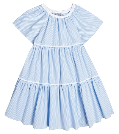 Il Gufo Kids' Striped Cotton Poplin Tiered Dress In White,light Blue