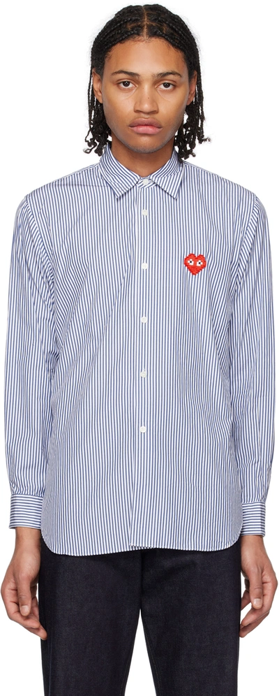 Comme Des Garçons Play Navy & White Invader Edition Heart Shirt In 1 Blue/white