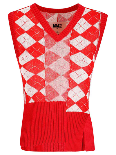 Mm6 Maison Margiela Red Argyle Vest In 002f Red/cream