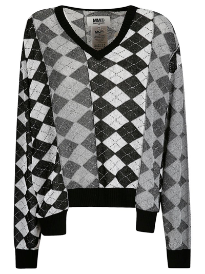 Mm6 Maison Margiela White & Black Argyle Sweater In Multi