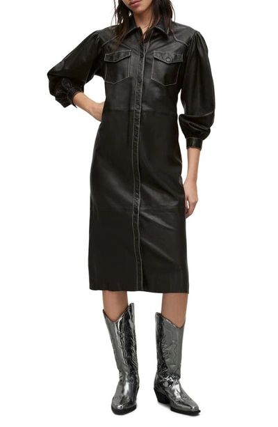 Allsaints Ava Long Sleeve Leather Shirtdress In Black