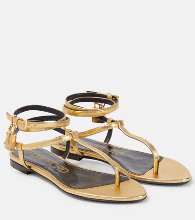 Tom Ford Padlock Leather Thong Sandals In Gold