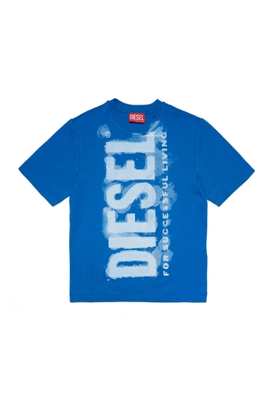 Diesel Tjuste16 Over T-shirt  Blue Jersey T-shirt With Watercolor Effect Logo In Princess Blue