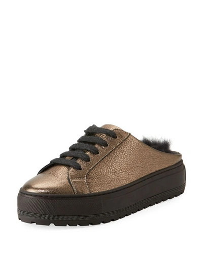 Brunello Cucinelli Fur-lined Metallic Leather Slide Sneakers