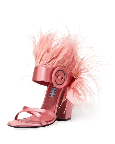 Prada Feather-embellished Satin Sandal In Pink