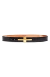 Tom Ford Double T Croc Embossed Calfskin Leather Belt In Black