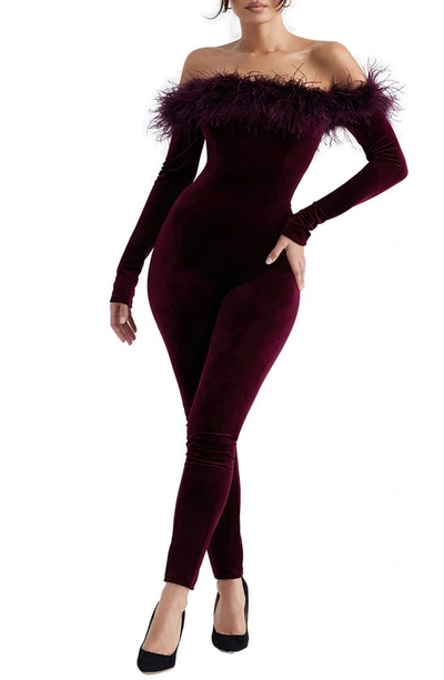 House Of Cb Salima Feather Trim Off The Shoulder Long Sleeve Velvet Jumpsuit In Brown Cherry